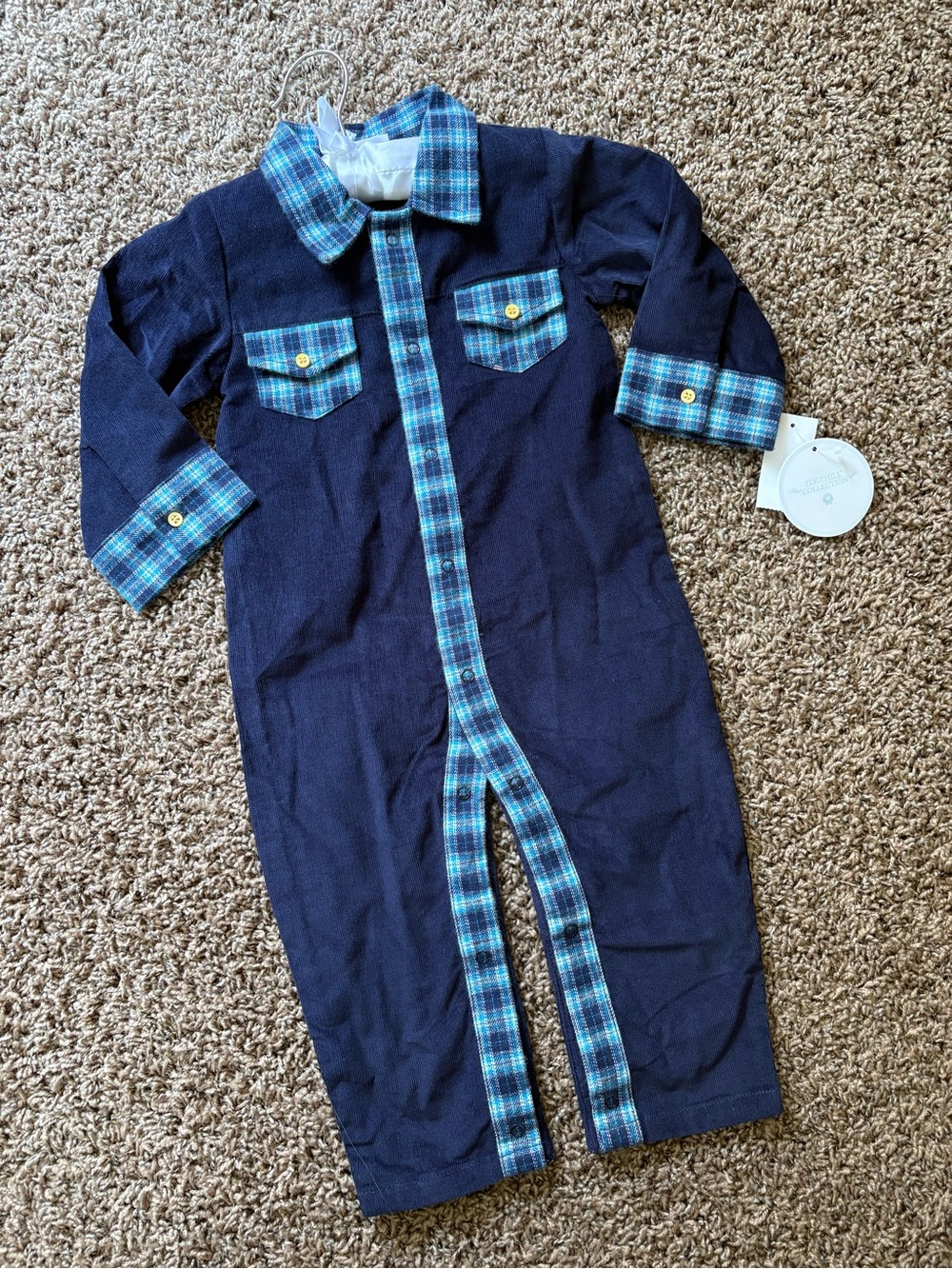 EDGEHILL COLLECTION Boys Navy Blue Plaid 100% Cotton Outfit One-piece 18 Mo NWT